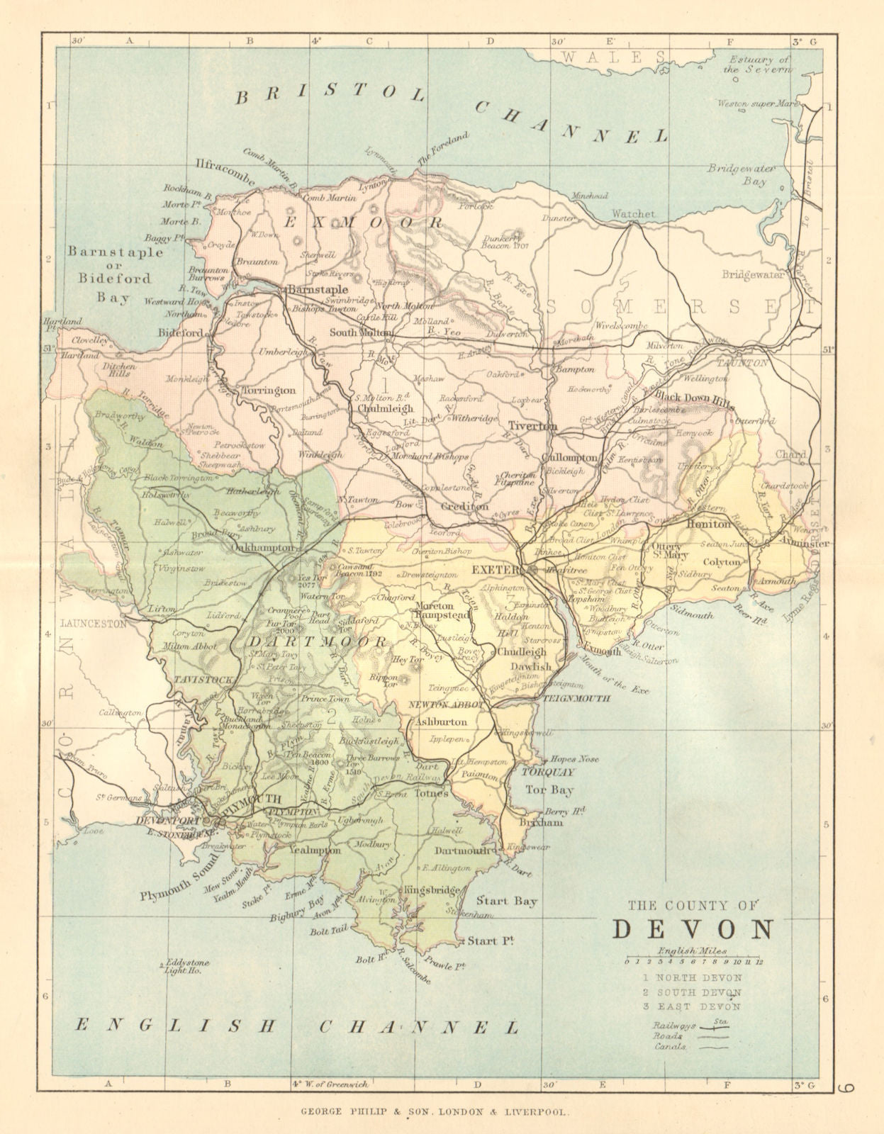 DEVONSHIRE. Antique county map. Railways canals. Constituencies. PHILIP 1884